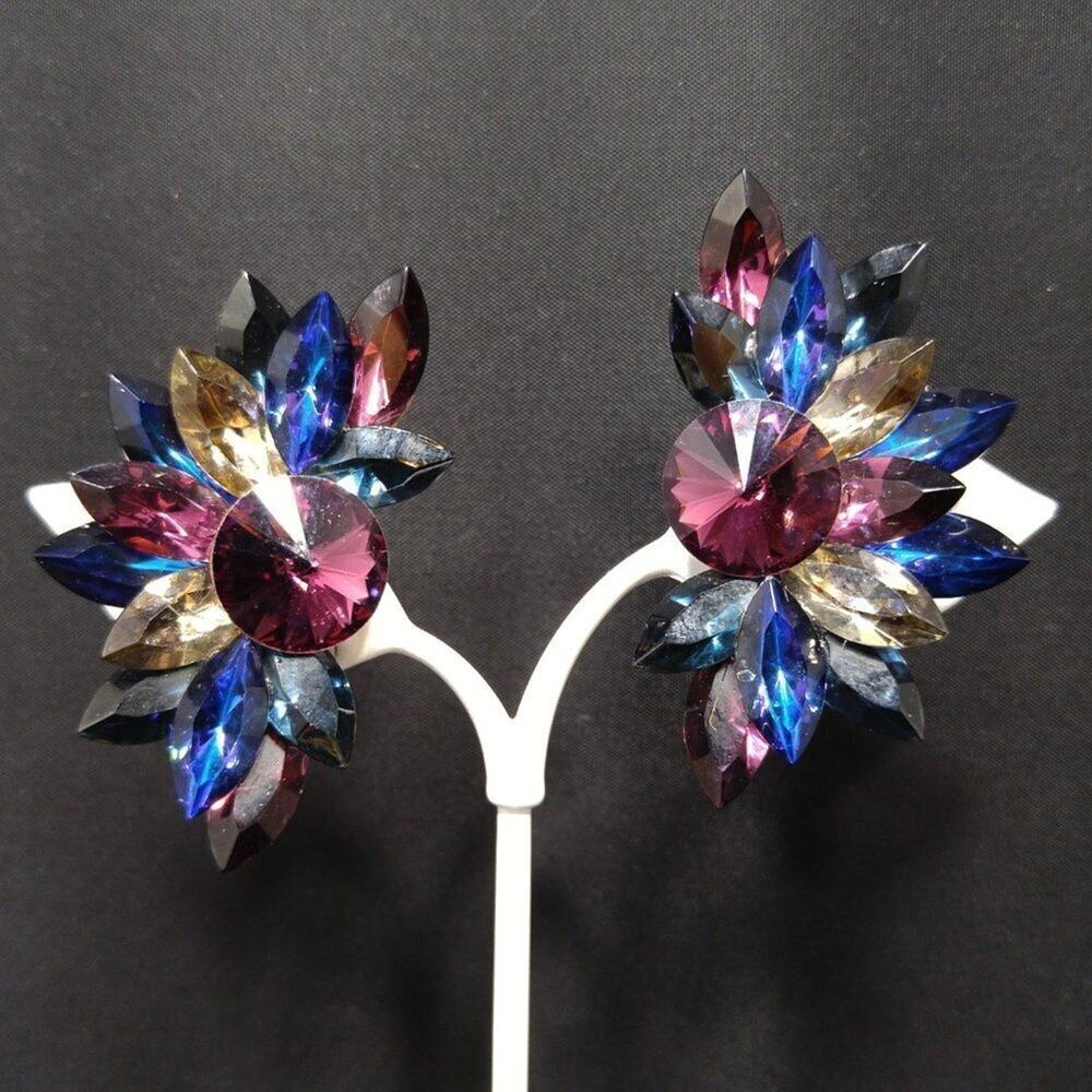 Jewel Colors Austrian Crystal Clip on Earrings, Vintage Purple Blue Rivoli, 2 In